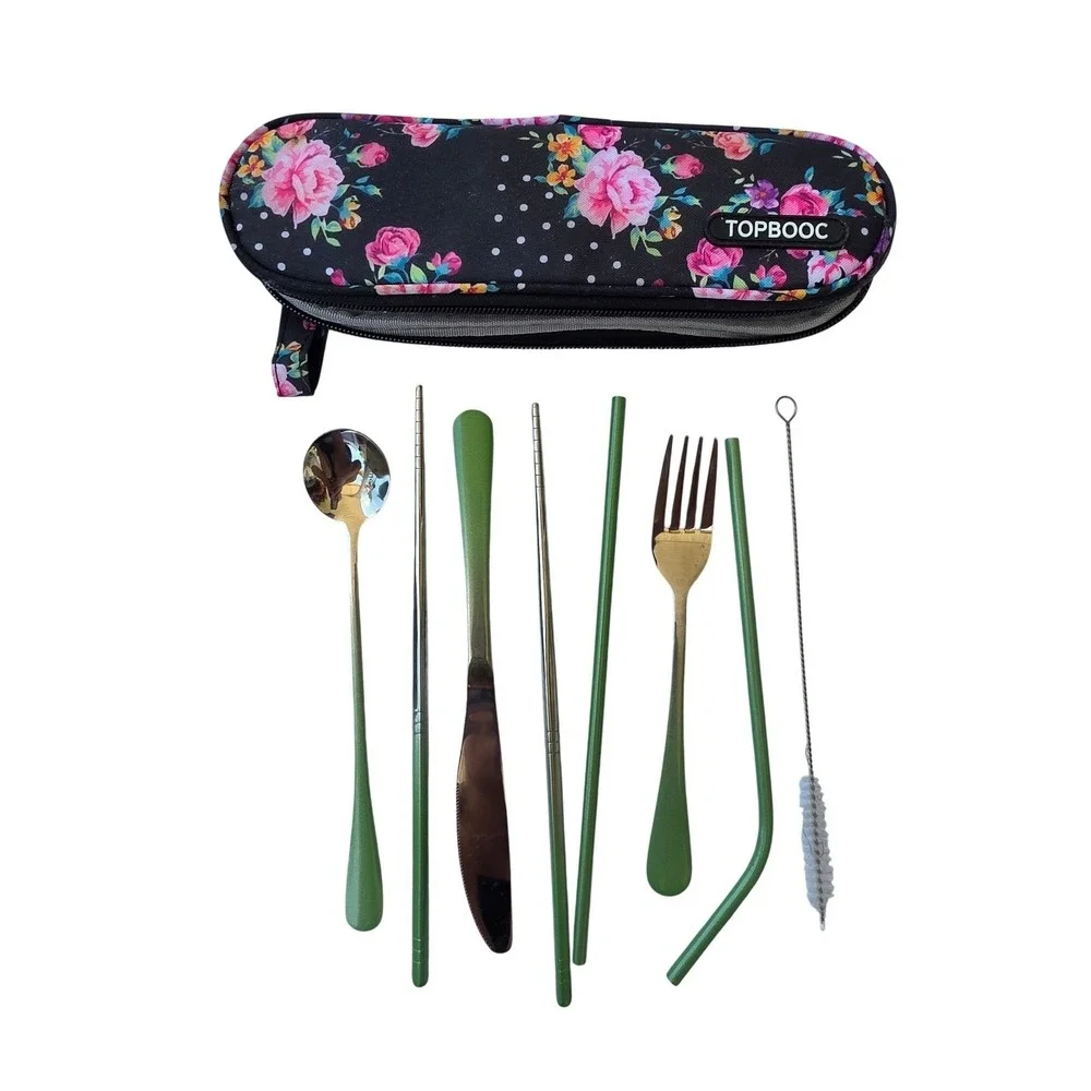 TOPBOOC Portable Travel Cutlery Set Stainless Steel Green 8 Piece Floral Case K3